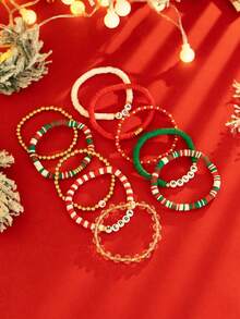 10pcs Minimalist Fashion Christmas Theme Multi-Element Letter Decor Crystal Soft Clay Beaded Bracelets, Stackable Multi-Layer Elastic Friendship Bracelets, Suitable For Women's Daily Wear, Holiday Gifts, Party Jewelry Set - Multicolor - View 2