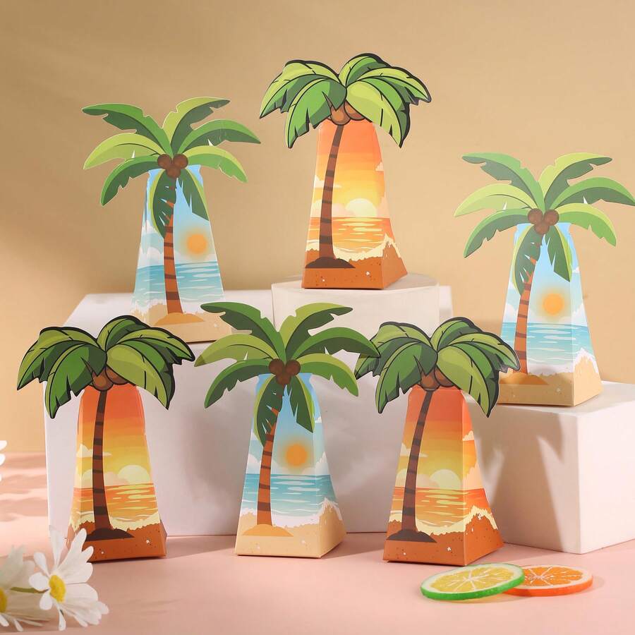 10pcs/Pack Gift Candy Cookie Boxes Paper Boxes Theme Boxes Party Coconut Palm Tree Boxes Popcorn Boxes Beach Coconut Party Suitable For Various Holiday Decoration Paper Boxes - View 1