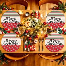 2pcs/4pcs/6pcs/8pcs Christmas Pattern Happy Holiday Kitchen Dining Table Placemats Round Table Mats Round Tablecloth Holiday Tabletop Decor 13.7in X 13.7in Seasonal Home Decor Round Design Holiday Decoration Thickened Linen Material - Multicolor - View 1