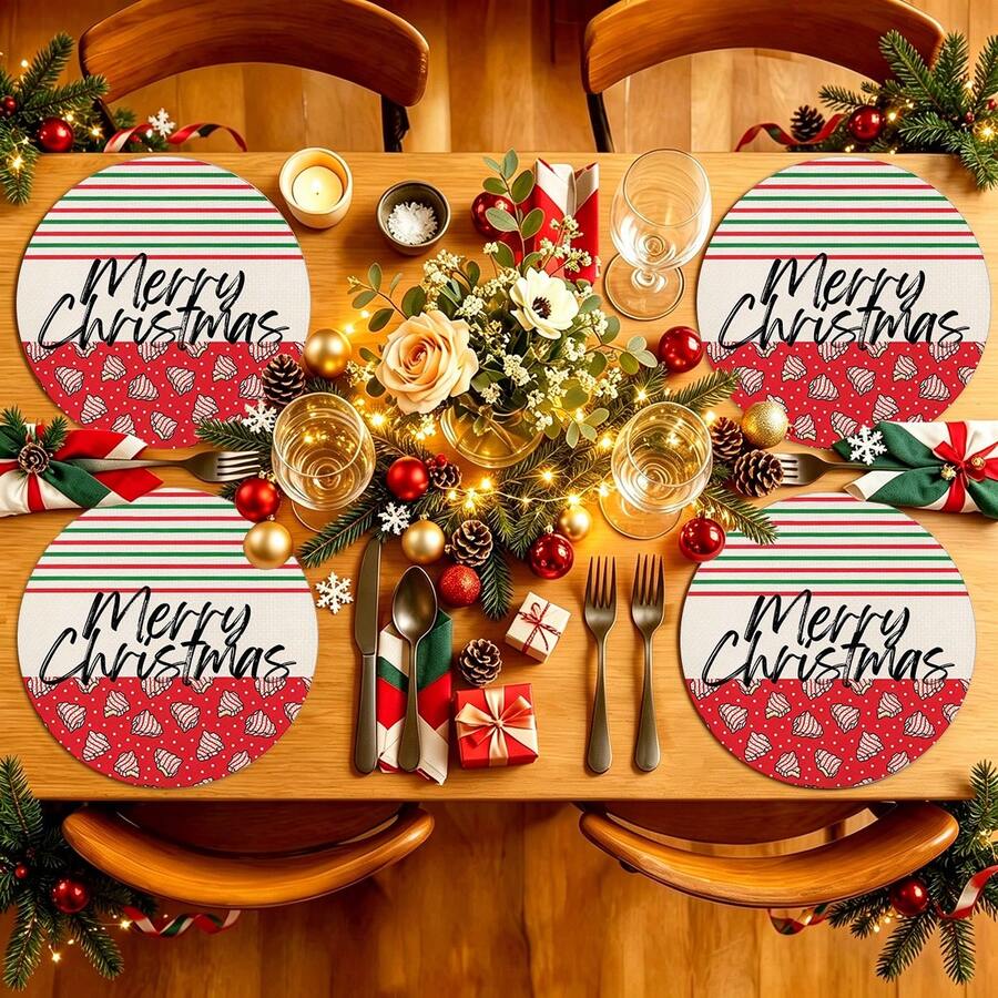 2pcs/4pcs/6pcs/8pcs Christmas Pattern Happy Holiday Kitchen Dining Table Placemats Round Table Mats Round Tablecloth Holiday Tabletop Decor 13.7in X 13.7in Seasonal Home Decor Round Design Holiday Decoration Thickened Linen Material - Multicolor - View 1