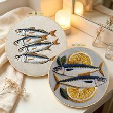 15*15cm/5.9*5.9in 20*20cm/7.9*7.9in,Sardines Embroidery Kit, DIY Handmade Embroidery Set For Adult Beginners, Home Gift, Women's Sewing Gift, Including User Manual, Printed Pattern Fabric, Embroidery Frame, Needle And Thread. - Sardines - View 3