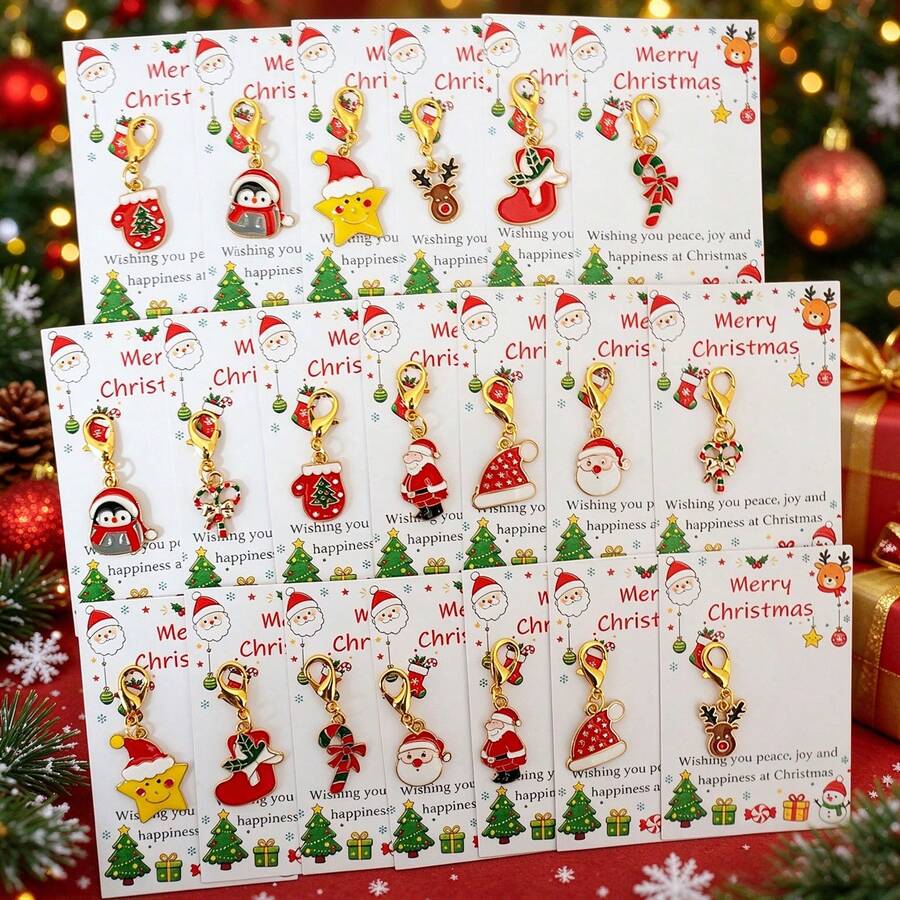 Set 20 buah, (Termasuk 20 Gantungan Kunci dan 20 Kartu Ucapan), Gantungan Kunci dengan Desain Tema Natal, Cocok untuk Perlengkapan Pesta Natal, Hadiah Pesta Liburan Musim Dingin, Hadiah Natal Kecil untuk Teman dan Kolega - Merah - View 1