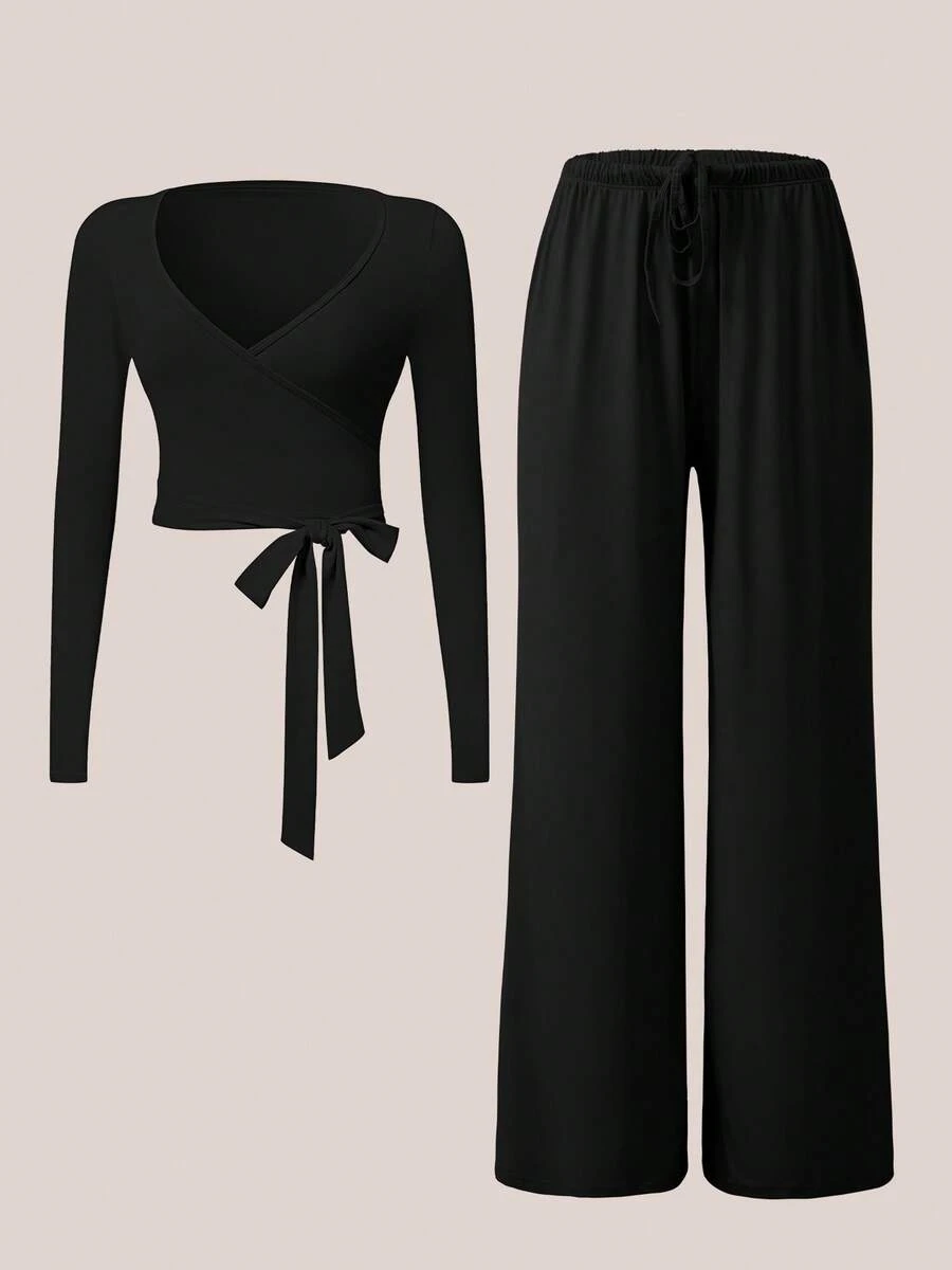 TimeOff Women's One Set Solid Color Wrap V-Neck Side Tie Long Sleeve Side Pocket Elastic Drawstring Waist Wide Leg Pants - Black - View 1