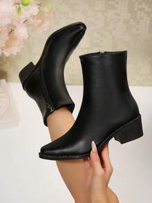 Women's Thick Sole Ankle Boots, Fitted Boots, French Style High Heel Ankle Boots, Suitable For Autumn/Winter - Black - View 2