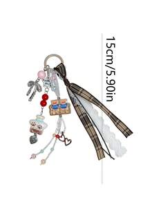 1pc Vintage Plaid Lace Ribbon Bear Pendant, Bear Wish Bottle Beaded Keychain, Sweet Girl Style Bag Charm Accessory - Multicolor - View 5