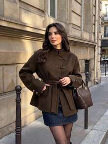 Women's Fashion Vintage Brown Overcoat, Long Sleeve, With Belt, Suitable For Autumn/Winter Daily Wear And Gatherings - Mocha Brown - View 2