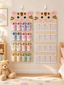 1pc Cute Tanuki‑Patterned Cat/Pig Shoe Storage Hanging Bag, 16‑Compartment Hanging Shoe Rack, Adorable Cartoon Shoe Box, Dustproof Foldable Shoe Bag, Multi‑Pocket Shoe Rack,For Home Organization, Girls' Room Decor, And Bedroom Storage. - Multicolor - View 1