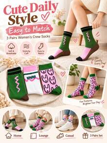 3/6 Pairs Women's Cute Cartoon Mid-Calf Socks, Pink & Green Color Block Design With Adorable Rabbit, Wavy Stripes And Fun Patterns; Made Of Soft, Comfortable And Breathable Knitted Fabric, Korean Style Casual Mid-Calf Socks, Suitable For Daily Wear, Campus Style, Streetwear And As A Gift. - Multicolor - View 5