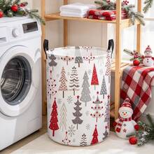 Holiday Christmas Tree And Snowflake Patterned Laundry Basket, Foldable Round Storage Bin, Cute Red And Gray Christmas Tree Patterned Dirty Clothes Bucket, Home Storage Box With Handle - White - View 6