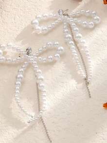 1 Pair Bow Chain Tassel Earrings, Unique Faux Pearl Beaded Drop Earrings For Women Daily Wear - White - View 4