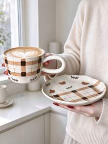 1set Hand Painted Pink Floral Berry Ceramic Mug And Saucer Set, Aesthetic Wavy Coffee Latte Cup, Home Kitchen Drinkware - Multicolor - View 2