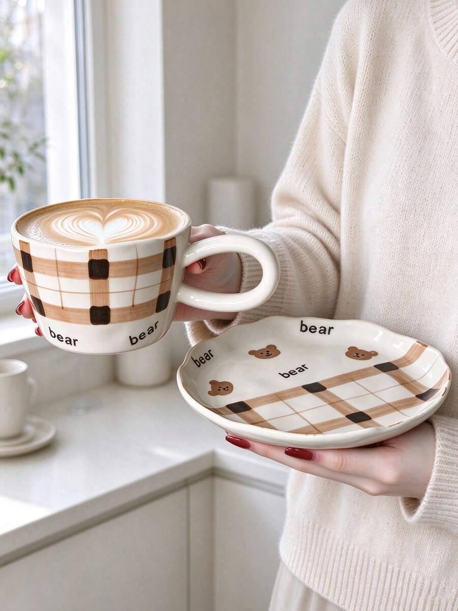1set Hand Painted Pink Floral Berry Ceramic Mug And Saucer Set, Aesthetic Wavy Coffee Latte Cup, Home Kitchen Drinkware