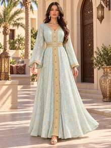 Women's Elegant V-Neck Loose Long Sleeve Ribbon Patchwork Dress - Green - View 2