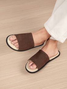Men's Solid Color Luxury Casual Slides, One-Piece Wide Plush Design, Minimalist Elegant Style, Soft Elastic Inner Lining With Cushioning Foot Protection, Dual-Use For Home And Outdoor Wear, Versatile - Brown - View 4