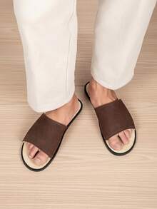 Men's Solid Color Luxury Casual Slides, One-Piece Wide Plush Design, Minimalist Elegant Style, Soft Elastic Inner Lining With Cushioning Foot Protection, Dual-Use For Home And Outdoor Wear, Versatile - Brown - View 8