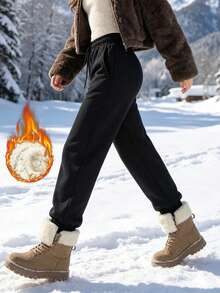 Women's Winter Solid Color Fleece Lined Outdoor Casual Pants, Versatile Long Pants For Home, Office, Party - Black - View 2