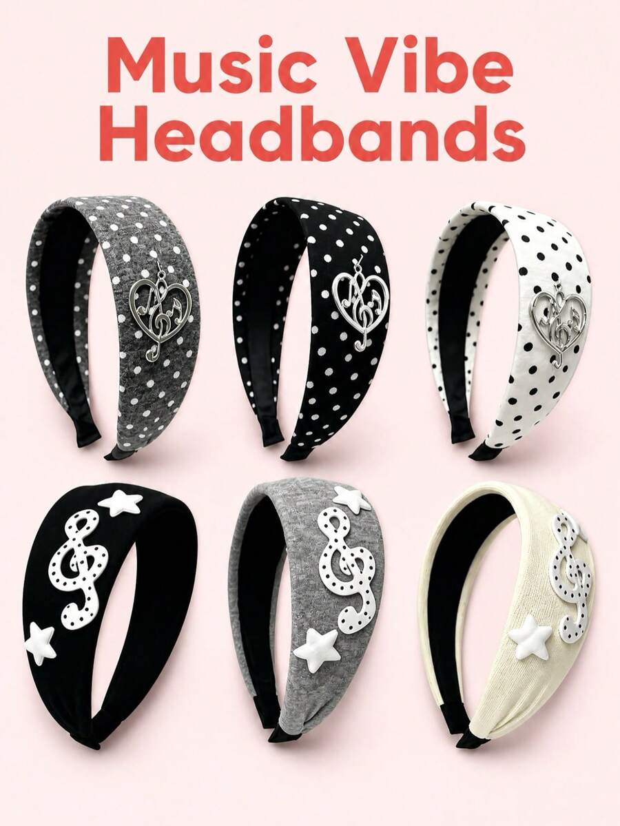 1pc Music Theme Headband, Knitted Fabric With 3D Musical Note, Star Patch Headband, Polka Dot Fabric With Metal Heart-Shaped Musical Note Pendant, Black White Grey Color Scheme, Suitable For People Who Like Simple And Gentle Style, Daily Wear, School, Commute, Travel And More - Multicolor - View 1