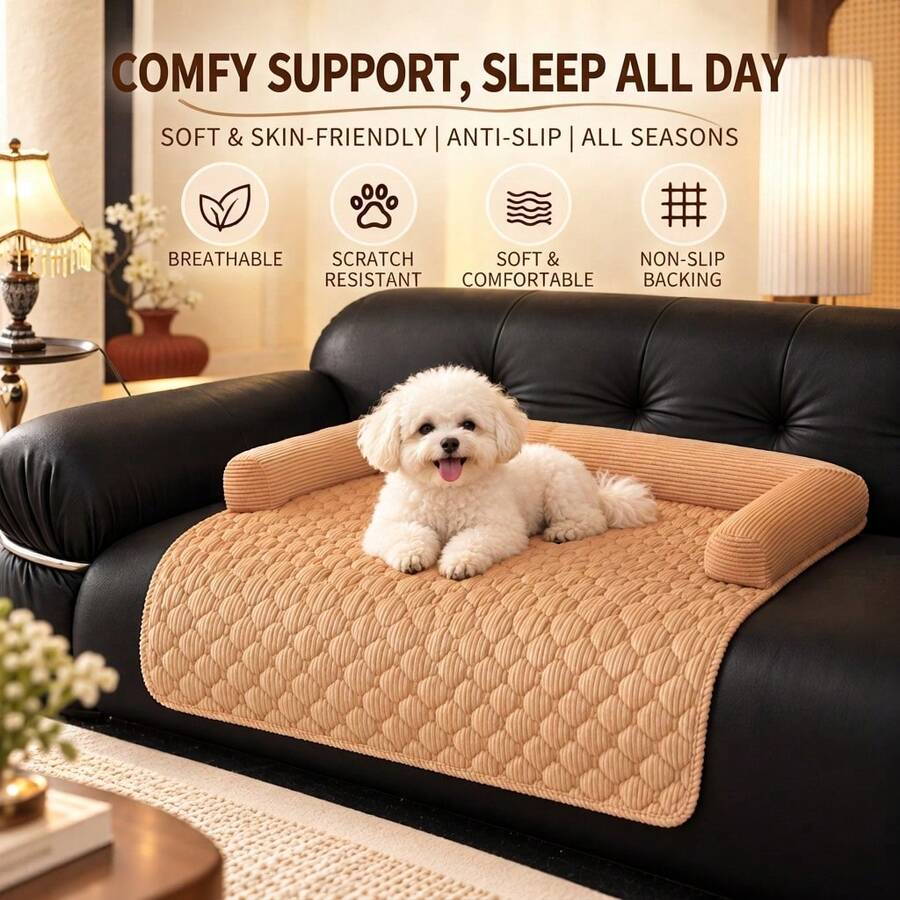 1pc Plush Pet Cat Dog Bed Mat, Sofa Bed, Non-Slip, Washable Sofa Protector Pad With Cushion, Pet Furniture Cover, Suitable For Dogs, Cats - Coffee Brown - View 1