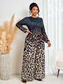 BIUBIU Chic Plus Size Leopard Print Long Jumpsuit Designed With Comfortable Knitted Fabric Regular Long Sleeves And Practical Pockets For Autumn Outfits - Black - View 3