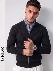 GRDR Men's Striped Zip-Up Slim Fit Regular Shoulder Cardigan Long Sleeve Sweater - Black - View 3