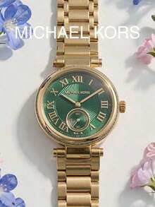 Michael Kors Women's Quartz Watch Gold Tone Bracelet Crystal Bezel Emerald Green Sunburst Roman Dial Small Second Subdial Daily Commute Weekend Getaway Accessory - Green - View 4