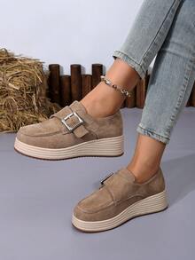 Women's Fashion Wedge Heel Thick Sole Buckle Strap Deep Cut Loafers Casual Shoes - Khaki - View 4