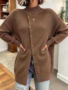 Plus Size Solid Color Asymmetrical Button Crew Neck Knit Pullover Sweater With Asymmetrical Hem - Brown - View 3