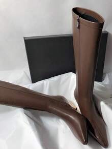 優雅尖頭粗跟磨砂皮革側拉鍊V領修身百搭女款高筒靴 - 棕色 - 查看 5