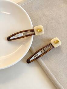 2pcs Vintage Tortoise Shell Puppy Metal Hair Clips, French Delicate Cream White Square Puppy BB Clips, Side Bangs Clips For Girls, Daily Versatile Atmosphere Hair Accessories - Multicolor - View 6