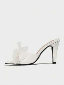 Solid Color Glamorous PU Leather Big Bow High Heel Slippers For Outdoor All Seasons - White - View 2