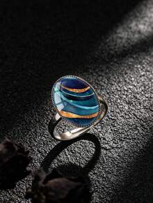 YUJUGLOW 1PC Abstract Twisted Asymmetrical Line Pattern With 316 Stainless Steel Oval Open Adjustable Ring, Suitable For Women's Daily Wear - Navy Blue - View 1