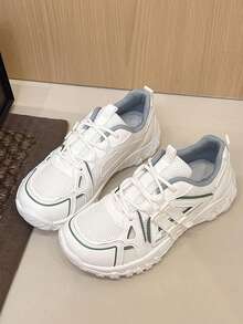 1 Pair Women's Patchwork PU Leather Lace-Up Mesh Casual Outdoor Sneakers, Versatile Fashion Daily Commute Shoes, All-Season Wear - White - View 3