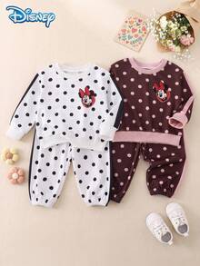 Disney 4Pcs Baby Girl Autumn Minnie Mouse Color Block Polka Dot Print Ribbed Long Sleeve Sweatshirt Set, Fashion White & Coffee Elastic Waist Long Pants Sweatpants, Cute Casual Spring Outfit - Multicolor - View 1