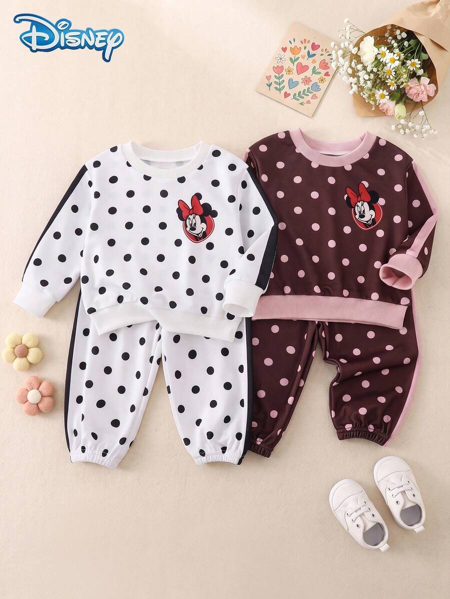 Disney 4Pcs Baby Girl Autumn Minnie Mouse Color Block Polka Dot Print Ribbed Long Sleeve Sweatshirt Set, Fashion White & Coffee Elastic Waist Long Pants Sweatpants, Cute Casual Spring Outfit - Multicolor - View 1