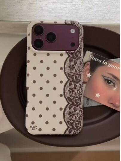 Ins Style Apple 17 Pro Phone Case, 18 Pro Max Fashionable Burgundy Brown Patchwork Polka Dot Lace 16 New Women's 18 Pro Autumn/Winter 15 Pro Shockproof Protective Cover