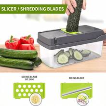 14-In-1 Manual Vegetable And Fruit Slicer With Container, Multi-Function Vegetable Processing Tool With Interchangeable Blades, Drain Basket And Storage Box. Ergonomic Design, Suitable For Onion, Carrot, Cucumber - Ideal For Home Kitchen And Holiday Parties, Cucumber, Cucumber, Cheese Grater, Green Cucumber, Kitchen Chopper, Mandoline Green, Mandoline Green, Kitchen Gadget - Multicolor - View 11