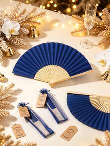 Handmade Paper Folding Fan With Gift Bag And Thank You Card, Bamboo Handheld Folding Fan, Home DIY Office Decor, Wedding Party Baby Shower Party Gift Accessory (Navy Blue) - Navy - View 10