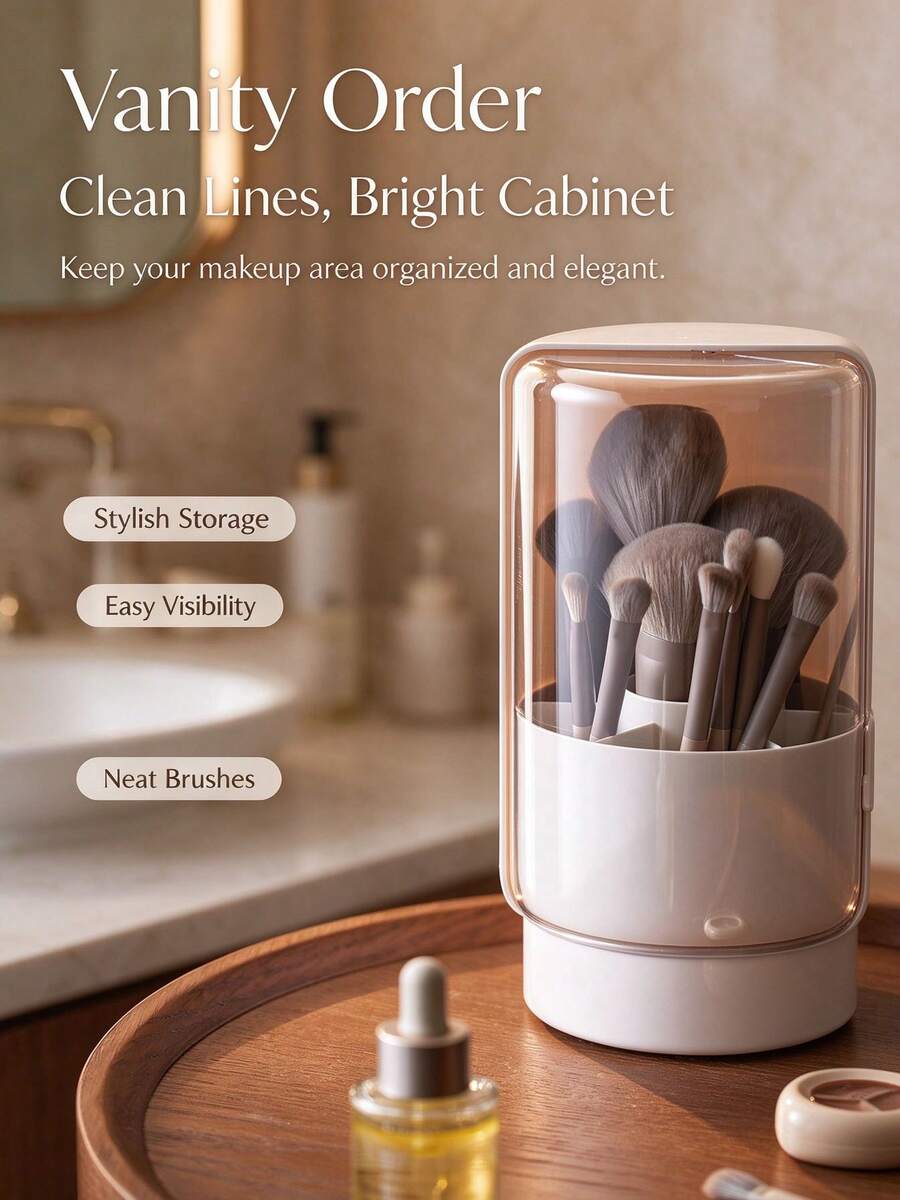 Rotating Dustproof Makeup Brush Holder With Transparent Lid, Plastic Multi-Slot Cosmetic Storage Organizer, Desktop Vanity Countertop Container, For Makeup Brushes, Lipsticks, Eyebrow Pencils, Bathroom Dressing Table Decor, Gift For Makeup Lovers - Multicolor - View 1