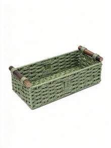 Green Woven Storage Basket With Wooden Side Handles, Rectangular Woven Countertop Storage Bin, Decorative Home Storage Container, Suitable For Bathroom Countertop, Bedside Table, Shelves, Used For Organizing Toiletries, Towels, Cosmetics And Various Household Items - Multicolor - View 12