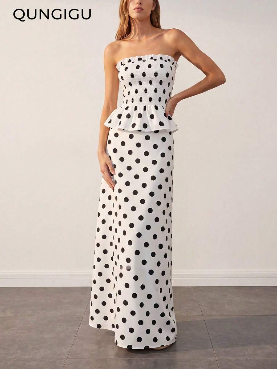 QUNGIGU Women Polka Dot Two Pieces Set Strapless Tube Top And Long Skirt Summer Outfits For Beach Vacation Dating - White - View 1