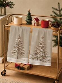2pcs Christmas Vintage Christmas Tree Pattern Kitchen Towels, Soft Polyester Material Dish Cloths, Suitable For Kitchen Decor, Kitchen Cleaning, Holiday Party Decoration, Kitchen & Bathroom Supplies Home Essentials, Home Decor, Housewarming Gift - Multicolor - View 6