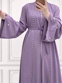 Women's Pearl Beaded Open Front Abaya, Long Flare Sleeve Belted Maxi Outerwear, Elegant Modest Long Robe - Multicolor - View 10