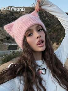 1pc Women Y2K Fluffy Faux Mink Knit Cat Ear Beanie, Cute Solid Color Warm Winter Skull Cap, Soft Stretchy Kitty Ear Pullover Hat - Twisted Plush Two-horned Hat - View 2