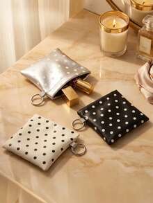 1pc Soft PU Polka Dot Cosmetic Storage Bag, Hanging Hook Design For Easy Carrying, Squeeze Top Small Makeup Bag, Fashionable Minimalist Coin Purse, Earphone, Lipstick, Key, Coin Storage Bag, Unisex, Travel Essential, Travel Accessory - Multicolor - View 4