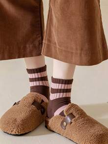 1/5 Pairs Maillard Color Series White Socks Women Spring/Autumn Mid-Calf Socks Ins Autumn/Winter Seamless Short Striped - Multicolor - View 3