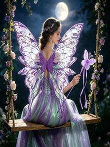 Fairy Butterfly Wings And Butterfly Magic Wand Set, Tulle Butterfly Wings With Long Ribbon Magic Wand, Suitable For Halloween Cosplay, Party Costume And Photography Props - Multicolor - View 6