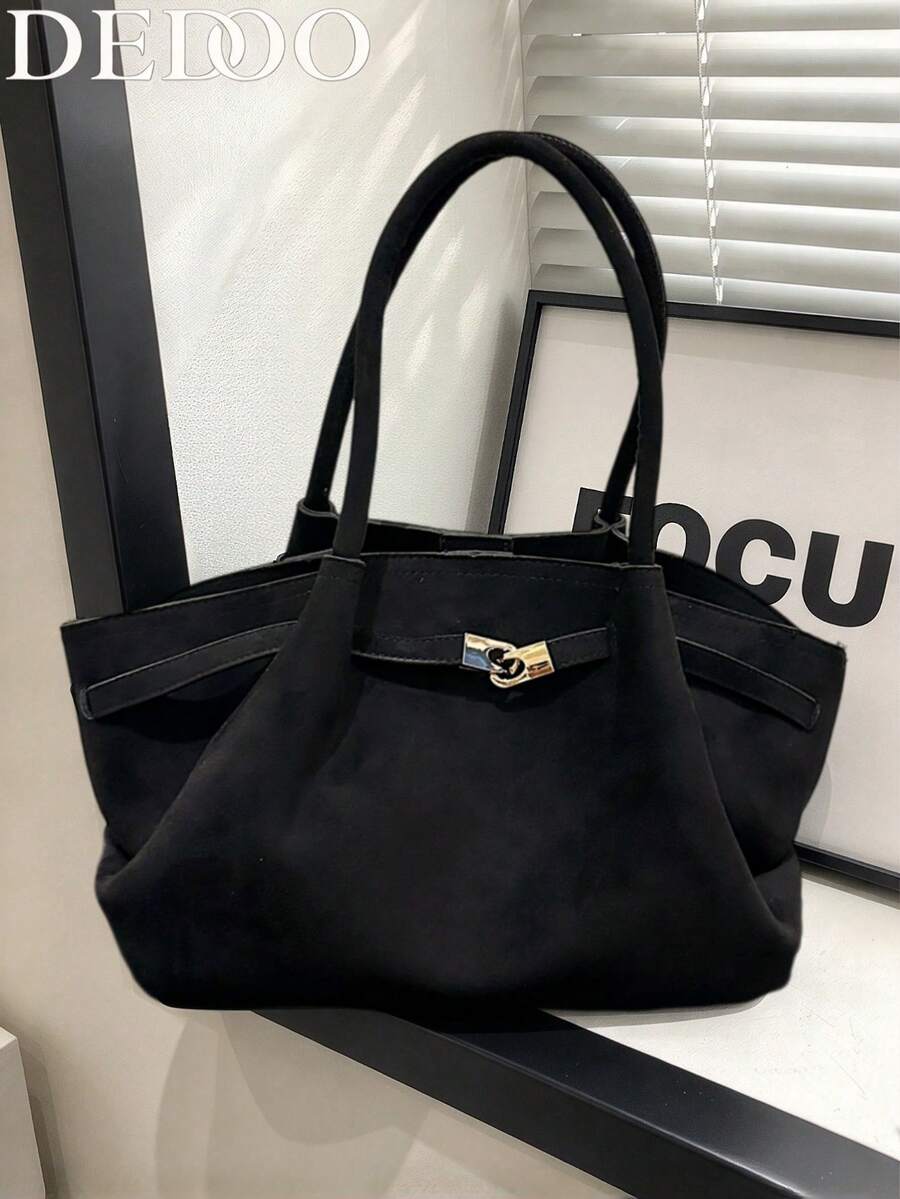 Dedoo 女款托特手提包，純色麂皮布料，金屬鎖飾裝飾，雙頂提手，大容量，極簡優雅風格，秋季日常通勤單肩包