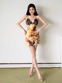 Top Dazzle Stylish Sleeveless Cami Short Dress With Leopard Print Bodycon Fit And Delicate Black Lace Bust - Yellow - View 7