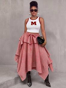Skirt High Rise Loose Tie Knot Plaid Red White Holiday Festival Summer Fall Special For Women,Asymmetrical Hem - Multicolor - View 2