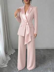 20-35 Years Old Women Spring/Autumn Commute & Date Pink Satin Patchwork Collar Design Blazer Suit Set, High Waist Wide Leg Pants Slimming Luxury French Elegant - Pink - View 6
